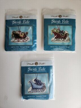 3 MILL HILL SLEIGH Beaded Cross Stitch Ornament Kits VINTAGE Evergreen Celestial